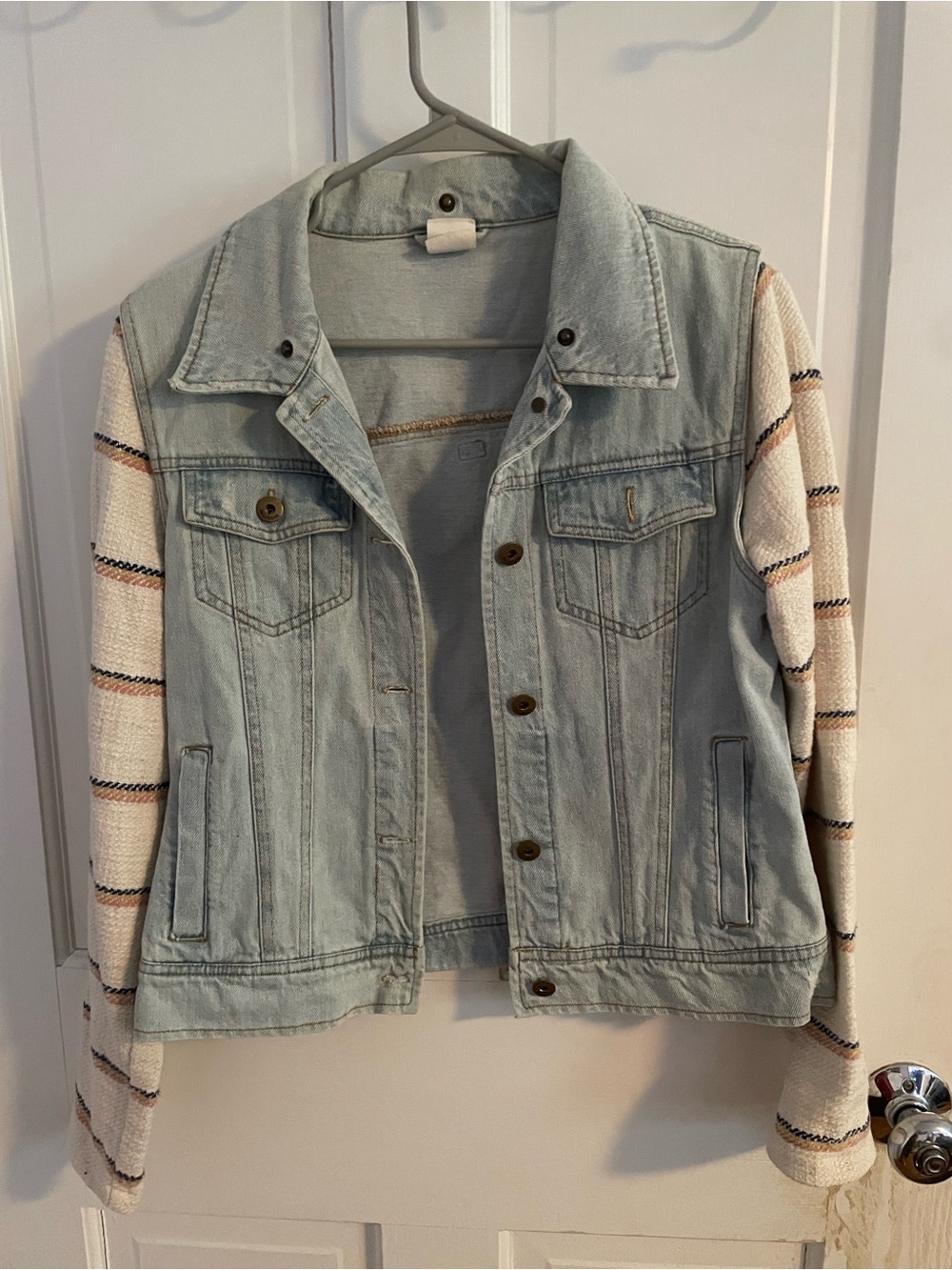 Billabong Wash Denim Jacket with Striped Knit Sleeves